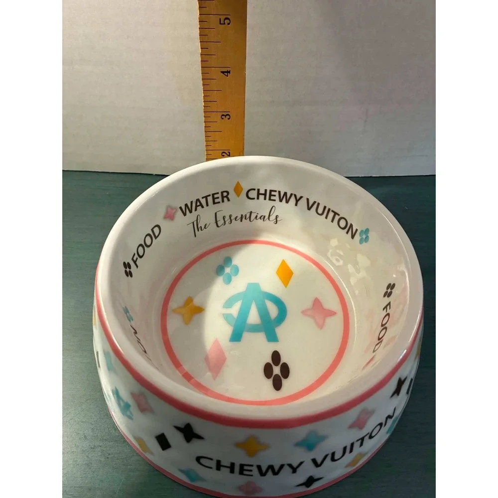 Haute Diggity Dog Chewy Vuiton Ceramic Pet Bowl Medium White Pink Food Water
